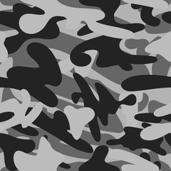 Black and gray Camouflage texture seamless pattern. Abstract military and hunting textile print background. Vector illustration for print, textile, paper.