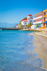 Beautiful Paralia Katerini beach and church, Greece