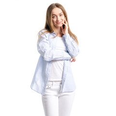 Beautiful woman in blue shirt and jeans casual smile happy on white background isolation