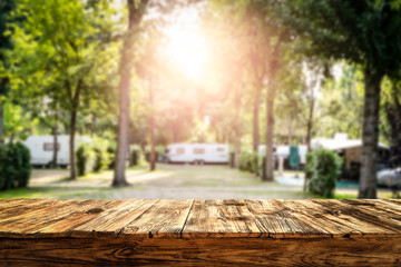 Table background of free space and camping background  - obrazy, fototapety, plakaty