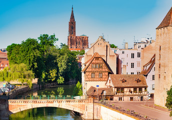 Strasbourg view with Ponts Couverts and cathedral - obrazy, fototapety, plakaty