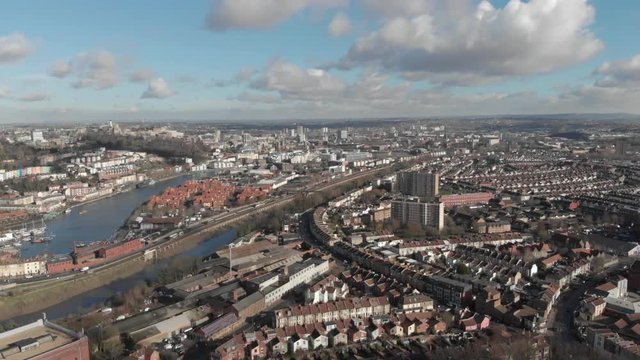 Aerial drone shot of city of Bristol, England