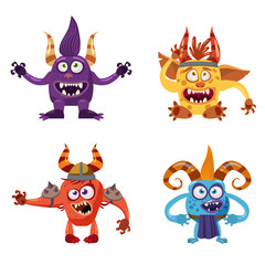 Set of cute funny characters troll, goblin, yeti, imp, with different emotions, cartoon style, for books, advertising, stickers, vector, illustration, banner, isolated