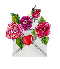 Envelope with Burgundy roses and a heart.