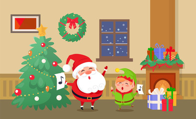 Merry Christmas celebration of elf and Santa Claus vector. Home interior decorated with wreath, garlands and star on top of pine tree. Caroling with notes