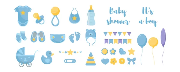 Fototapeten Toddler nursing and health care and hygiene products with decorative elements for baby shower design. © Yuliia Osadcha
