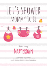 Baby shower invitation template with pink and yellow baby girl diaper, bib and duck toy hanging on pins. - obrazy, fototapety, plakaty