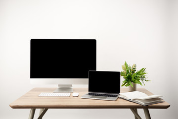 workplace with plant, desktop computer and laptop with copy space isolated on white