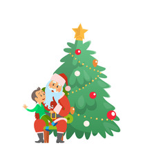 Christmas holiday Santa Claus and small boy sitting on lap vector. Winter holidays celebrated by evergreen pine tree decorated with star and baubles