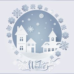 Chimney with bells and dwelling with windows on snowy ground at night vector. Winter nature, falling snow, card decorated by snowflakes on white landscape, paper art and craft style