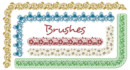 Set of decorative floral vector brushes with start and end tiles. Dividers, borders, ornaments. Vintage lace illustration suitable for greeting cards and invitations.
