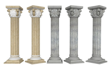 Columns with Capital from different angles on white background. 3D rendering. 3D illustration