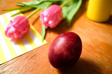 Close up beautiful naturally colored Easter egg on wooden table with pink flowers. Eggs painted with onion skins. Easter holiday concept. 