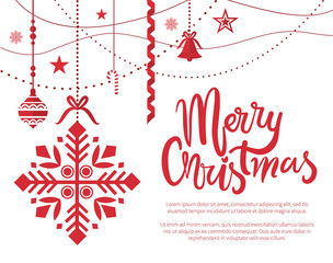 Merry Christmas poster with text sample baubles decoration vector. Ball with ornaments hanging on threads, bells and stars winter holiday celebration