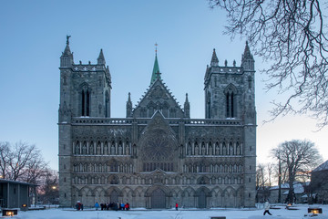 Fototapeta na wymiar Nidaros Cathedral in Trondheim is Norway's most central church in virtue of being Olav the Saint's burial church. Construction work began year 1070, Trøndelag county, Norway