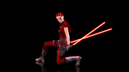 Redhead warrior girl with futuristic light swords kneeling, braided woman with sci-fi laser saber weapon isolated on black, 3D rendering