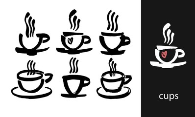 Coffee and tea cups symbols for fast food or restaurant design. Modern brush ink. Isolated on white background.