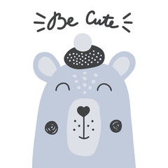 Cute happy bear drawn by hand in cartoon style. Vector illustration isolated on white background