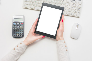 calculator, accountant, tablet, woman, hands, keyboard, white desk, background, copy space, for advertising, slogan, top view