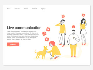 Concept landing page. People look in the phones, buried in gadgets, and only one girl communicates with the dog and gets the whole spectrum of emotions.