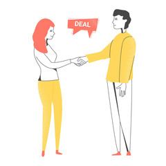 Man and woman shake hands. They signed a contract, an agreement, a good deal. Business illustration.