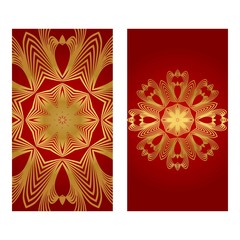 Rea and gold color Set of two Yoga card, flyer, poster. Template with mandala for spiritual retreat or yoga studio. Vector illustration. Islam, arabic, indian, ottoman motifs