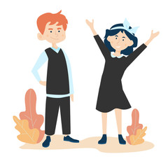 A girl and a boy in uniform are going to school in the fall. Illustration on a white background for the first day of school. Children are happy to start their studies.