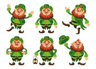 Leprechaun cartoon character vector set for Saint Patrick Day in different poses Funny dwarf emoji variations traditional Irish folklore Celtic mythology with hat and lantern on white background