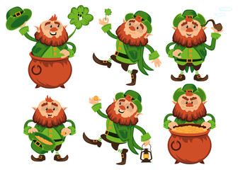 Leprechaun cartoon character vector set for Saint Patrick Day in different poses Funny dwarf emoji variations traditional Irish folklore Celtic mythology with hat shamrock and pot on white background