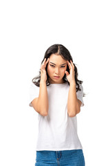 Fototapeta premium asian woman with headache touching head isolated on white