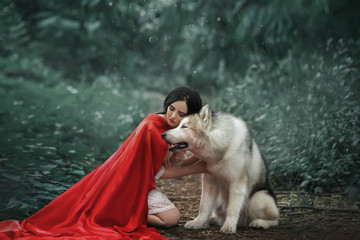 fabulous image, dark-haired brunette attractive lady in short white dress, long red scarlet cloak...