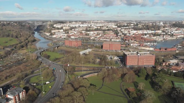 Aerial drone shot of Clifton Bridge & city of Bristol, England
