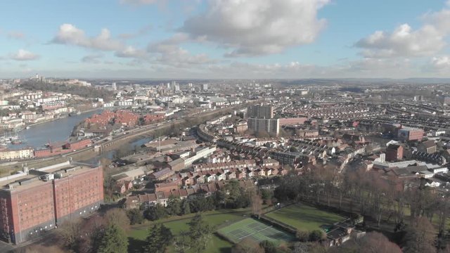 Aerial drone shot of city of Bristol, England