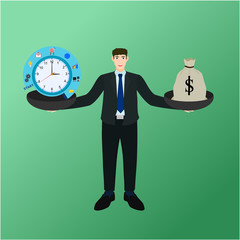 Businessman holding balance between time process and money bag , success profit concept