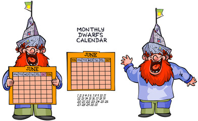 Cartoon dwarf character with monthly calendar panel- two options for week arrangement. all in separated layers for easy editing.