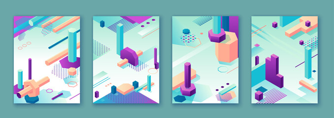 Abstract violet green isometric posters set in trendy purple color with geometric 3d shapes, brochure collection, futuristic background, colorful bright vector illustration, cover, print