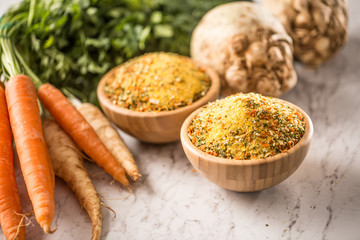 Seasoning spices condiment vegeta from dehydrated carrot parsley celery parsnips and salt with or...