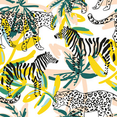 Tropical leopard, zebra animal, palm leaves, white background. Vector seamless pattern. Graphic illustration. Exotic jungle plants. Summer beach floral design. Paradise nature