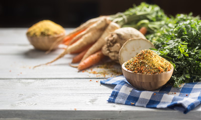 Seasoning spices condiment vegeta from dehydrated carrot parsley celery parsnips and salt with or...