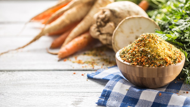 Seasoning spices condiment vegeta from dehydrated carrot parsley celery parsnips and salt with or without glutamate
