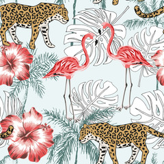 Obraz premium Pink flamingo, leopard, palm trees silhouettes, red hibiscus flowers background. Vector seamless pattern. Tropical illustration. Exotic animals and birds. Summer beach design. Paradise nature