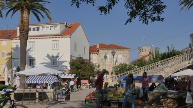 Old Town Gate and Cafes in Trg kralja Tomislava, Korcula Old Town, Korcula, Dalmatia, Croatia, Europe