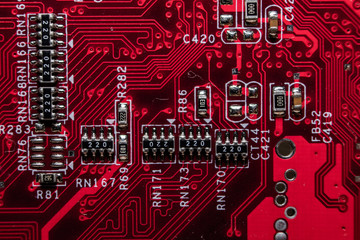 View from underside of a circuit board electronic. Computer hardware and things of Information...