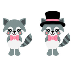 cartoon cute raccoon with tie and raccoon with tie and hat