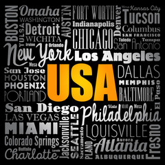 Obraz premium USA cities names words cloud collage, concept background