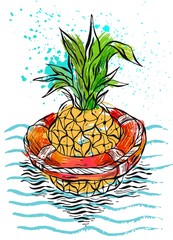 Hand drawn vector abstract color graphic illustration of pineapple floating in lifebuoy in ocean waves.Illustration of tropical exotic fruit.Beach background