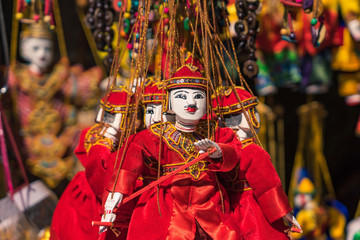 Traditional handicraft puppets for sale  in the ancient pagoda in Bagan, Myanmar