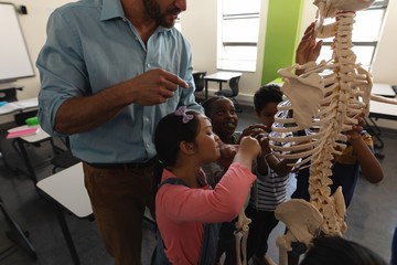 Side view of male teacher explaining skeleton model in classroom