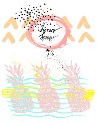 Hand drawn cute vector graphic abstract pineapple swimming in ocean waves