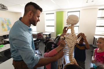 Side view of male teacher explaining skeleton model in classroom